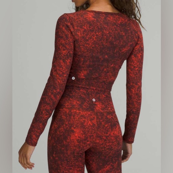 NWOT Lululemon Wunder Train Cropped Long Sleeve Shirt Denim  Autumn Red Black - Picture 2 of 7